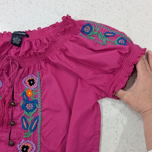 Boston Proper Pink Cotton Top Blouse Floral Embroidery Smocked Ruffle Spring 4 - Picture 8 of 11
